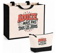 Otshirt Ensemble Cabas et Trousse Adulte, mais pas tous les jours | Sac Coton et Jute 21 L avec Trousse Zippée 3 L Assortie | Anses 60 cm | Idée Cadeau Noël Merci