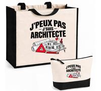 Otshirt Ensemble Cabas et Trousse Architecte J'peux pas | Sac Coton et Jute 21 L avec Trousse Zippée 3 L Assortie | Anses 60 cm | Idée Cadeau Architecture Noël Merci