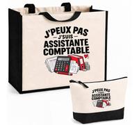 Otshirt Ensemble Cabas et Trousse Assistante Comptable J'peux pas | Sac Coton et Jute 21 L avec Trousse Zippée 3 L Assortie | Anses 60 cm | Idée Cadeau Comptabilité Noël Merci