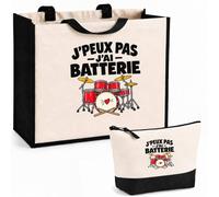 Otshirt Ensemble Cabas et Trousse Batterie J'peux pas | Sac Coton et Jute 21 L avec Trousse Zippée 3 L Assortie | Anses 60 cm | Idée Cadeau Batteur Batteuse Noël Merci