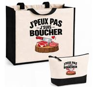 Otshirt Ensemble Cabas et Trousse Boucher J'peux pas | Sac Coton et Jute 21 L avec Trousse Zippée 3 L Assortie | Anses 60 cm | Idée Cadeau Boucherie Noël Merci