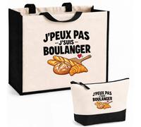 Otshirt Ensemble Cabas et Trousse Boulanger J'peux pas | Sac Coton et Jute 21 L avec Trousse Zippée 3 L Assortie | Anses 60 cm | Idée Cadeau Boulangerie Noël Merci