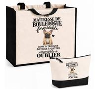 Otshirt Ensemble Cabas et Trousse Bouledogue Français Formidable | Sac Coton et Jute 21 L avec Trousse Zippée 3 L Assortie | Anses 60 cm | Idée Cadeau Propriétaire de Chien Noël Merci