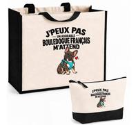 Otshirt Ensemble Cabas et Trousse Bouledogue Français J'peux pas | Sac Coton et Jute 21 L avec Trousse Zippée 3 L Assortie | Anses 60 cm | Idée Cadeau Propriétaire de Chien Noël Merci
