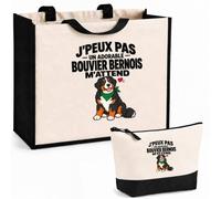 Otshirt Ensemble Cabas et Trousse Bouvier Bernois J'peux pas | Sac Coton et Jute 21 L avec Trousse Zippée 3 L Assortie | Anses 60 cm | Idée Cadeau Propriétaire de Chien Noël Merci