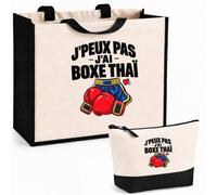Otshirt Ensemble Cabas et Trousse Boxe Thaï J'peux pas | Sac Coton et Jute 21 L avec Trousse Zippée 3 L Assortie | Anses 60 cm | Idée Cadeau Boxeur Boxeuse Noël Merci