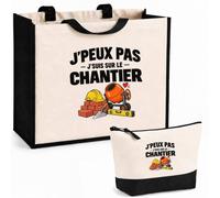 Otshirt Ensemble Cabas et Trousse BTP J'peux pas | Sac Coton et Jute 21 L avec Trousse Zippée 3 L Assortie | Anses 60 cm | Idée Cadeau Ouvrier et Ouvrière du Bâtiment Noël Merci