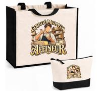 Otshirt Ensemble Cabas et Trousse Certifié meilleur affineur | Sac Coton et Jute 21 L avec Trousse Zippée 3 L Assortie | Anses 60 cm | Idée Cadeau Artisan Noël Merci