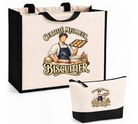 Otshirt Ensemble Cabas et Trousse Certifié meilleur biscuitier | Sac Coton et Jute 21 L avec Trousse Zippée 3 L Assortie | Anses 60 cm | Idée Cadeau Artisan Noël Merci