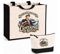 Otshirt Ensemble Cabas et Trousse Certifié meilleur capitaine de bateau | Sac Coton et Jute 21 L avec Trousse Zippée 3 L Assortie | Anses 60 cm | Idée Cadeau Noël Merci