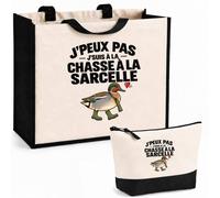 Otshirt Ensemble Cabas et Trousse Chasse à la Sarcelle J'peux pas | Sac Coton et Jute 21 L avec Trousse Zippée 3 L Assortie | Anses 60 cm | Idée Cadeau Chasseur Chasseuse Noël Merci