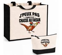 Otshirt Ensemble Cabas et Trousse Chasse au Faisan J'peux pas | Sac Coton et Jute 21 L avec Trousse Zippée 3 L Assortie | Anses 60 cm | Idée Cadeau Chasseur Chasseuse Noël Merci
