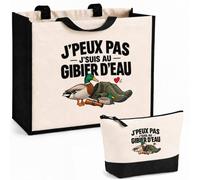 Otshirt Ensemble Cabas et Trousse Chasse au Gibier d'Eau J'peux pas | Sac Coton et Jute 21 L avec Trousse Zippée 3 L Assortie | Anses 60 cm | Idée Cadeau Chasseur Chasseuse Noël Merci