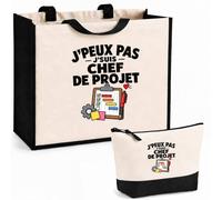 Otshirt Ensemble Cabas et Trousse Chef de Projet J'peux pas | Sac Coton et Jute 21 L avec Trousse Zippée 3 L Assortie | Anses 60 cm | Idée Cadeau Manager Noël Merci