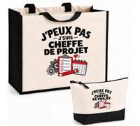 Otshirt Ensemble Cabas et Trousse Cheffe de Projet J'peux pas | Sac Coton et Jute 21 L avec Trousse Zippée 3 L Assortie | Anses 60 cm | Idée Cadeau Manager Manageuse Noël Merci