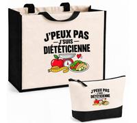 Otshirt Ensemble Cabas et Trousse Diététicienne J'peux pas | Sac Coton et Jute 21 L avec Trousse Zippée 3 L Assortie | Anses 60 cm | Idée Cadeau Nutrition Noël Merci
