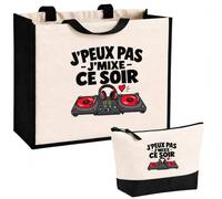 Otshirt Ensemble Cabas et Trousse DJ J'peux pas | Sac Coton et Jute 21 L avec Trousse Zippée 3 L Assortie | Anses 60 cm | Idée Cadeau Disc Jockey Noël Merci