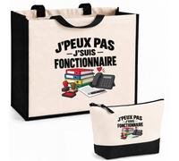 Otshirt Ensemble Cabas et Trousse Fonctionnaire J'peux pas | Pour Lui | Sac Coton et Jute 21 L avec Trousse Zippée 3 L Assortie | Anses 60 cm | Idée Cadeau Administration Noël Merci
