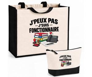 Otshirt Ensemble Cabas et Trousse Fonctionnaire J'peux pas | Pour Lui | Sac Coton et Jute 21 L avec Trousse Zippée 3 L Assortie | Anses 60 cm | Idée Cadeau Administration Noël Merci