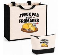 Otshirt Ensemble Cabas et Trousse Fromager J'peux pas | Sac Coton et Jute 21 L avec Trousse Zippée 3 L Assortie | Anses 60 cm | Idée Cadeau Fromagerie Noël Merci