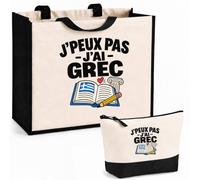 Otshirt Ensemble Cabas et Trousse Grec J'peux pas | Sac Coton et Jute 21 L avec Trousse Zippée 3 L Assortie | Anses 60 cm | Idée Cadeau Professeur et Professeure de Grec Noël Merci