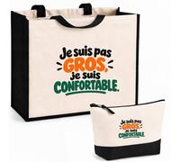 Otshirt Ensemble Cabas et Trousse Je suis pas gros, je suis confortable. Expressions Françaises | Sac Coton et Jute 21 L avec Trousse Zippée 3 L Assortie | Anses 60 cm | Idée Cadeau Noël Merci