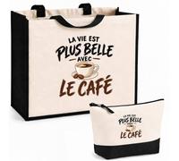Otshirt Ensemble Cabas et Trousse La vie est plus belle avec le café | modèle 1 | Sac Coton et Jute 21 L avec Trousse Zippée 3 L Assortie | Anses 60 cm | Idée Cadeau Noël Merci
