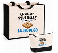 Otshirt Ensemble Cabas et Trousse La vie est plus belle avec le jeu de go | Sac Coton et Jute 21 L avec Trousse Zippée 3 L Assortie | Anses 60 cm | Idée Cadeau Noël Merci