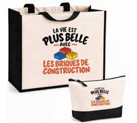 Otshirt Ensemble Cabas et Trousse La vie est plus belle avec les briques de construction | modèle 1 | Sac Coton et Jute 21 L avec Trousse Zippée 3 L Assortie | Anses 60 cm | Idée Cadeau Noël Merci
