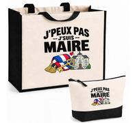 Otshirt Ensemble Cabas et Trousse Maire J'peux pas | Sac Coton et Jute 21 L avec Trousse Zippée 3 L Assortie | Anses 60 cm | Idée Cadeau Élu Noël Merci