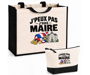 Otshirt Ensemble Cabas et Trousse Maire J'peux pas | Sac Coton et Jute 21 L avec Trousse Zippée 3 L Assortie | Anses 60 cm | Idée Cadeau Élu Noël Merci