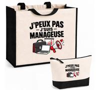 Otshirt Ensemble Cabas et Trousse Manageuse J'peux pas | Sac Coton et Jute 21 L avec Trousse Zippée 3 L Assortie | Anses 60 cm | Idée Cadeau Chef et Cheffe D'Équipe Noël Merci