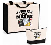 Otshirt Ensemble Cabas et Trousse Maths J'peux pas | Sac Coton et Jute 21 L avec Trousse Zippée 3 L Assortie | Anses 60 cm | Idée Cadeau Professeur et Professeure de Maths Noël Merci