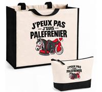 Otshirt Ensemble Cabas et Trousse Palefrenier J'peux pas | Sac Coton et Jute 21 L avec Trousse Zippée 3 L Assortie | Anses 60 cm | Idée Cadeau Écurie Noël Merci