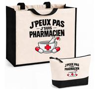 Otshirt Ensemble Cabas et Trousse Pharmacien J'peux pas | Sac Coton et Jute 21 L avec Trousse Zippée 3 L Assortie | Anses 60 cm | Idée Cadeau Noël Merci