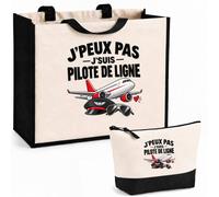 Otshirt Ensemble Cabas et Trousse Pilote de Ligne J'peux pas | Sac Coton et Jute 21 L avec Trousse Zippée 3 L Assortie | Anses 60 cm | Idée Cadeau Aviation Noël Merci