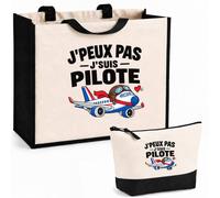 Otshirt Ensemble Cabas et Trousse Pilote J'peux pas | Sac Coton et Jute 21 L avec Trousse Zippée 3 L Assortie | Anses 60 cm | Idée Cadeau Aviation Noël Merci
