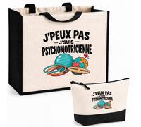 Otshirt Ensemble Cabas et Trousse Psychomotricienne J'peux pas | Sac Coton et Jute 21 L avec Trousse Zippée 3 L Assortie | Anses 60 cm | Idée Cadeau Thérapeute Noël Merci