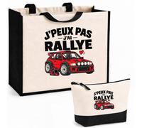 Otshirt Ensemble Cabas et Trousse Rallye J'peux pas | Sac Coton et Jute 21 L avec Trousse Zippée 3 L Assortie | Anses 60 cm | Idée Cadeau Pilote de Rallye Noël Merci