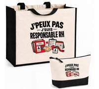 Otshirt Ensemble Cabas et Trousse Responsable RH J'peux pas | Sac Coton et Jute 21 L avec Trousse Zippée 3 L Assortie | Anses 60 cm | Idée Cadeau Ressources Humaines Noël Merci