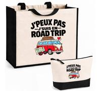 Otshirt Ensemble Cabas et Trousse Road Trip J'peux pas | Sac Coton et Jute 21 L avec Trousse Zippée 3 L Assortie | Anses 60 cm | Idée Cadeau Voyageur Voyageuse Noël Merci