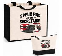 Otshirt Ensemble Cabas et Trousse Secrétaire J'peux pas | Sac Coton et Jute 21 L avec Trousse Zippée 3 L Assortie | Anses 60 cm | Idée Cadeau Assistant Assistante Noël Merci