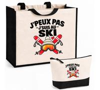 Otshirt Ensemble Cabas et Trousse Ski J'peux pas | Sac Coton et Jute 21 L avec Trousse Zippée 3 L Assortie | Anses 60 cm | Idée Cadeau Skieur Skieuse Noël Merci