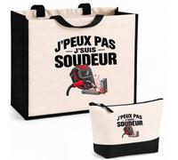 Otshirt Ensemble Cabas et Trousse Soudeur J'peux pas | Sac Coton et Jute 21 L avec Trousse Zippée 3 L Assortie | Anses 60 cm | Idée Cadeau Métallurgie Noël Merci