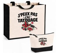 Otshirt Ensemble Cabas et Trousse Tatouages J'peux pas | Sac Coton et Jute 21 L avec Trousse Zippée 3 L Assortie | Anses 60 cm | Idée Cadeau Tatoué Tatouée Noël Merci