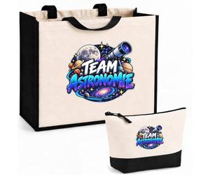 Otshirt Ensemble Cabas et Trousse Team astronomie | Sac Coton et Jute 21 L avec Trousse Zippée 3 L Assortie | Anses 60 cm | Idée Cadeau Astronome Noël Merci