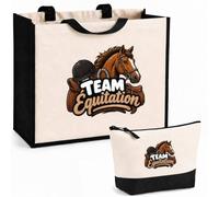 Otshirt Ensemble Cabas et Trousse Team équitation | Sac Coton et Jute 21 L avec Trousse Zippée 3 L Assortie | Anses 60 cm | Idée Cadeau Cavalier Cavalière Noël Merci