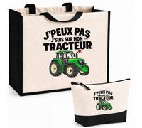 Otshirt Ensemble Cabas et Trousse Tracteurs J'peux pas | Sac Coton et Jute 21 L avec Trousse Zippée 3 L Assortie | Anses 60 cm | Idée Cadeau Agriculteur Agricultrice Noël Merci