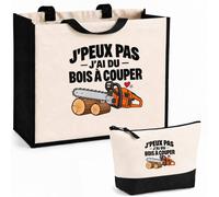 Otshirt Ensemble Cabas et Trousse Tronçonneuse J'peux pas | Sac Coton et Jute 21 L avec Trousse Zippée 3 L Assortie | Anses 60 cm | Idée Cadeau Bûcheron Bûcheronne Noël Merci