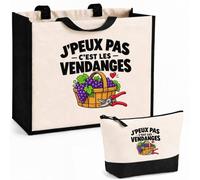 Otshirt Ensemble Cabas et Trousse Vendanges J'peux pas | Sac Coton et Jute 21 L avec Trousse Zippée 3 L Assortie | Anses 60 cm | Idée Cadeau Vigneron Vigneronne Noël Merci